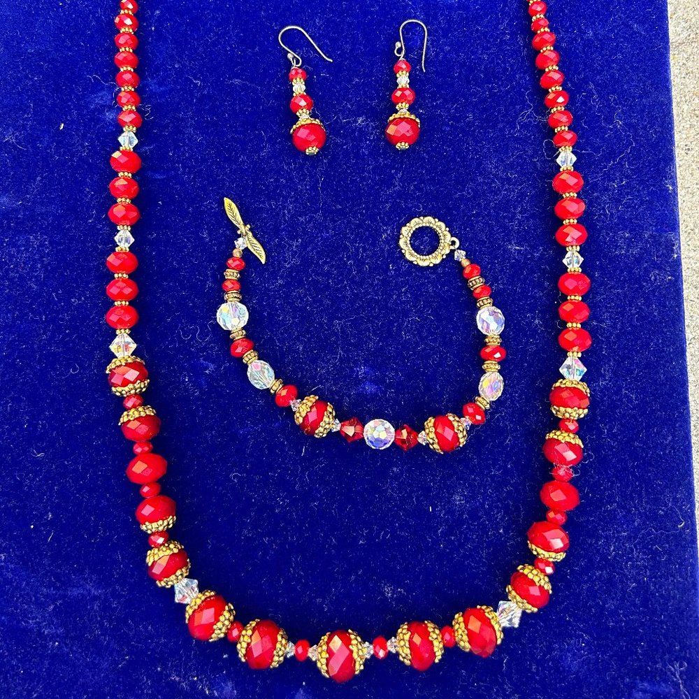 Ruby Quartz Swarovski Crystal Necklace, Bracelet, and Earrings Set